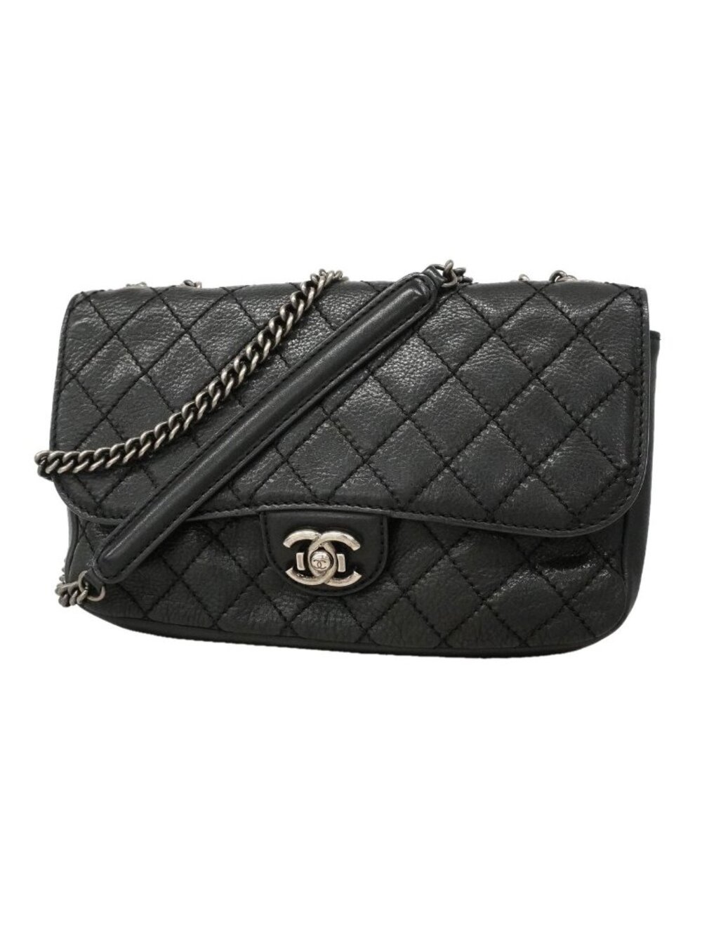 Chanel Shoulder Bag Quilted Leather Black Silver